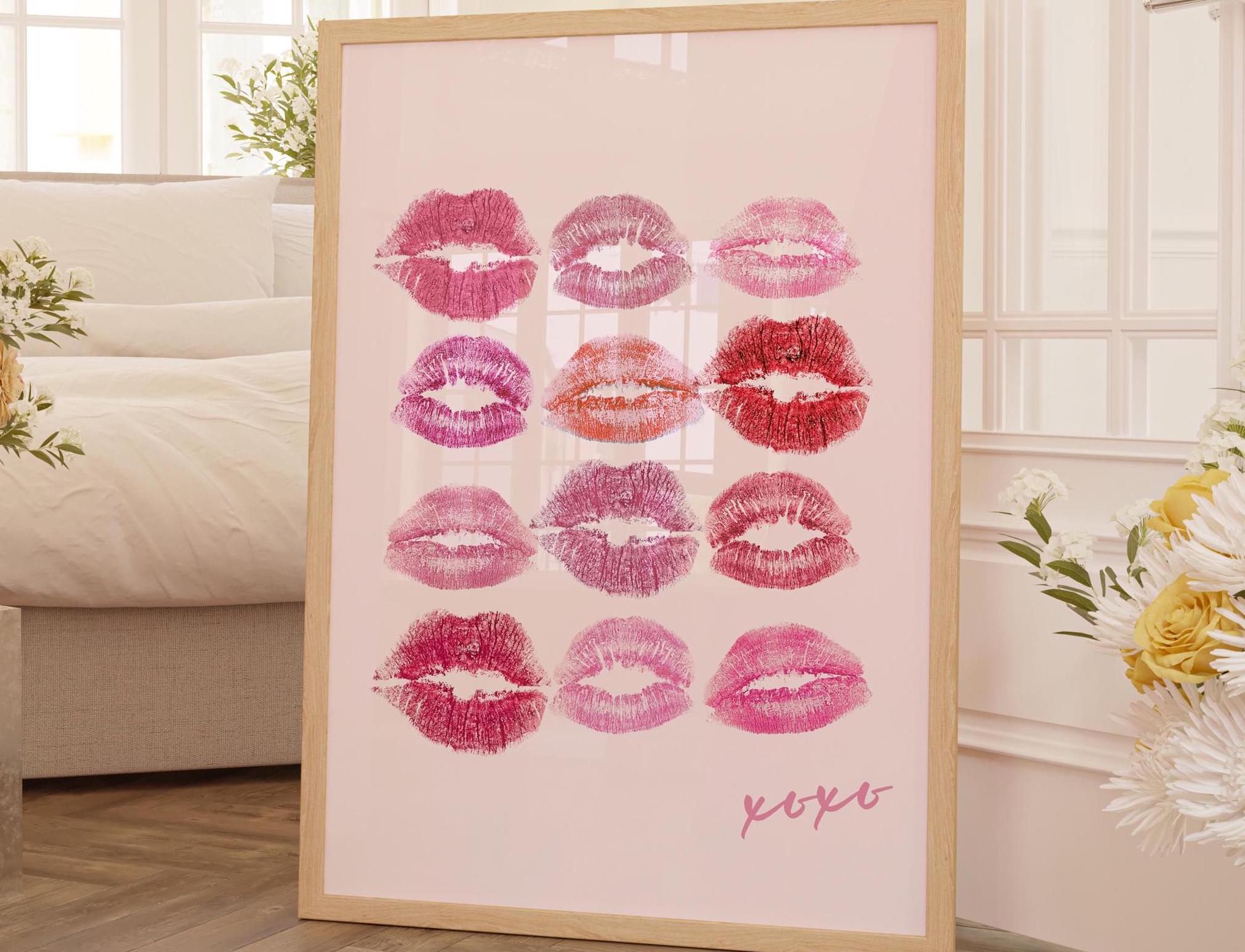 Red Art Prints Trendy Wall Art Kiss Lips Wall Art Dorm Wall Art Print Preppy Dorm Girly Printable Anniversary Wall Art Makeup Wall Decor