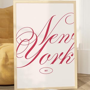 Nowy Jork Miasto Drukuj Modny NYC Apartament Plakat Estetyczny Wystrój Pokoju Różowy Czerwony Dziewczęcy Typografia Sztuka Ścienna Cyfrowe Pobieranie Prezent dla Niej Podróż