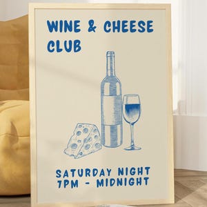 Plakat Blue Kitchen Wall Art Wine and Cheese Club Vintage Food Wall Art Wine Lover Print Retro Bar Cart Mid Century Modern Print Mom Gift