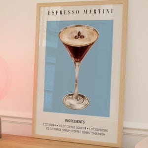 Espresso Martini Art Print Bar Cart Decor Cocktail Poster Party Signature Drink Sign Trendy Muur Minimalistisch Elegant Blauw Preppy Dorm Decor