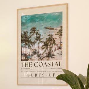 Póster de surfista de playa elegante con estampado de periódico vintage de los años 70, regalo de surfista, revista de surf Coastal Life, arte de pared con surf, arte retro para dormitorio