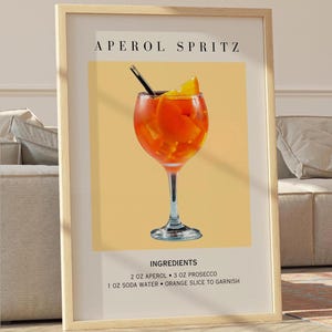 Aperol Spritz Art Print Bar Cart Decor Cocktail Poster Feest Handtekening Drinken Bord Trendy Muur Minimalistisch Elegant Verfijnd Retro Geel