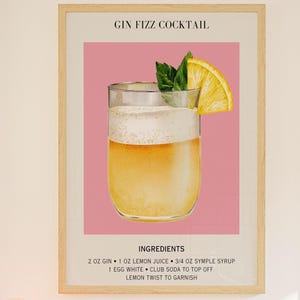 Gin Fizz Cocktail Art Bar Cart Decor Cocktail Poster Party Signature Drink Sign Trendy Wall Minimalista Elegante Sofisticado Retro Rosa Arte