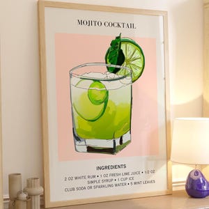 Cartel de cóctel con impresión de carrito de bar, letrero de bebida exclusiva para fiesta de bodas, arte de cóctel mojito retro sofisticado y minimalista de moda para pared