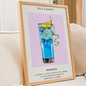 Cartel de cóctel con impresión de carrito de bar, cartel de bebida exclusiva para fiesta de bodas, letrero de pared moderno, minimalista, elegante, sofisticado, retro, martini, laguna azul