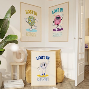 SET OF THREE Music Wall Art Retro Groovy Print Trendy Dorm Art Printable Home Decor Lost In Music Disco Mascot Music Print Housewarming