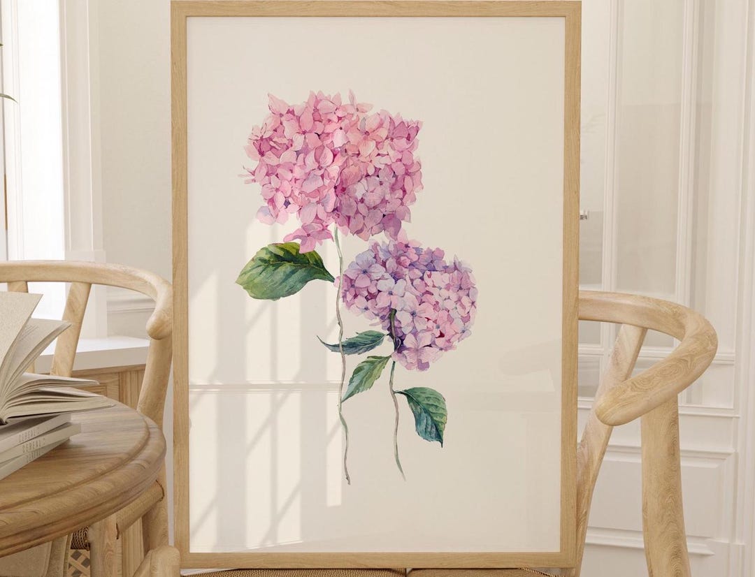Hydrangea Watercolor Print | Pink Floral Farmhouse Wall Art (digital ...