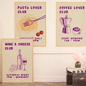 Bar Cart Art Gallery Wall Set of 3 Bar Cart Styling Retro Kitchen Art Cocktail Prints Bar Cart Decor Minimalist Art Purple Dining Room Art