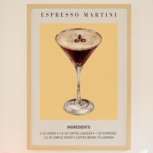 Espresso Martini Art Print Bar Cart Decor Cocktail Poster Party Signature Drink Sign Trendy Muur Minimalistisch Geel Verfijnd Slaapzaal Decor