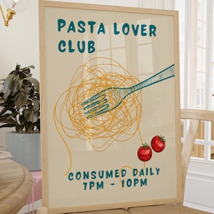 Arte de pared con pasta dibujado a mano único, decoración de cocina, póster del club de pasta, arte moderno para comedor, regalo para amantes de la pasta, impresión de comida retro, regalo de cumpleaños de chef