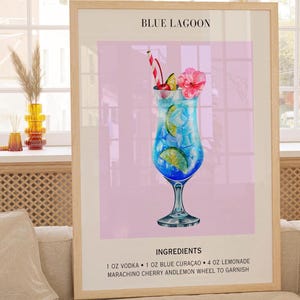 Blue Lagoon Art Print Bar Cart Decor Cocktail Poster Party Signature Drink Sign Trendy Muur Minimalistisch Elegant Verfijnd Retro Blauwe kunst