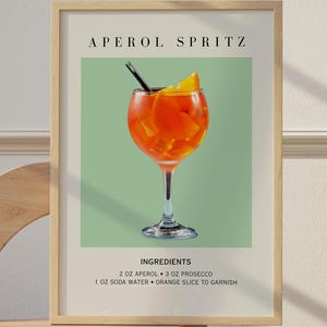 Aperol Spritz Art Print Bar Cart Decor Cocktail Poster Party Signature Drink Sign Trendy Muur Minimalistisch Elegant Verfijnd Retro Groen