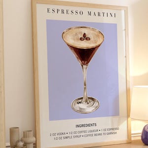 Espresso Martini Art Print Bar Cart Decor Cocktail Poster Party Signature Drink Sign Trendy Muur Minimalistisch Elegant Paars Preppy Dorm Decor