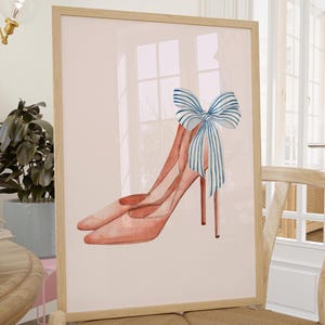 Sztuka mody Sztuka butów Moda kobieca Plakat Nowoczesna sztuka ścienna Sztuka ścienna Boho Kokietka Kokarda Nadmorska sztuka ścienna Apartament studencki Modny wystrój akademika