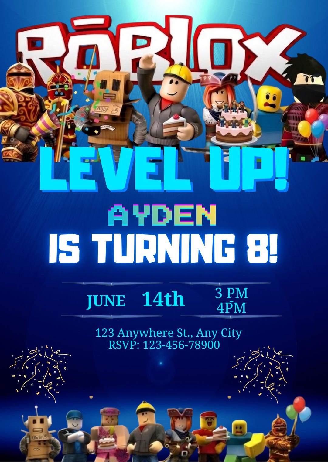 Roblox Birthday Party Boys Invitation | Editable Canva Template Blue ...