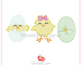 Hatching Easter Chicks with Bow Embroidery – Sketch Spring Chicken Embroidery File – Machine Embroidery Digital Download