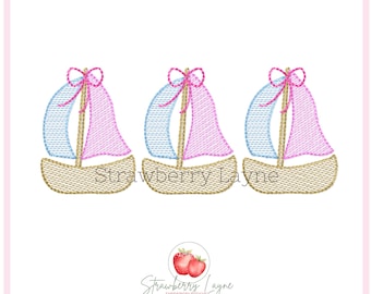 Sailboat Trio Embroidery Design – Nautical Boat Sketch – Summer Sailing Embroidery File – Machine Embroidery Digital Download