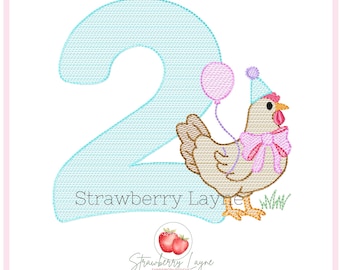 Two Birthday Chicken Embroidery Design – Farm Hen Sketch – Digital Download