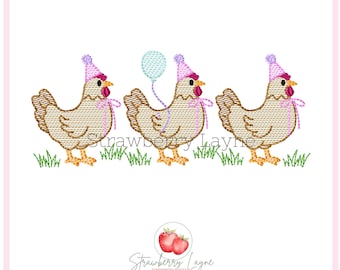 Birthday Chicken Trio Embroidery Design – Farm Hen Sketch – Digital Download