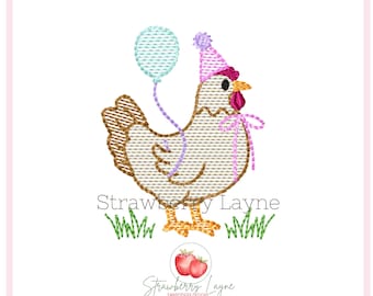 Birthday Chicken with Thin Bow Mini Embroidery Design – Farm Hen Sketch – Digital Download