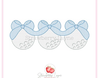 Golf Ball Trio with Long Bow Design – Bow Golf Sketch – Girls Sports Embroidery File – Digital Download