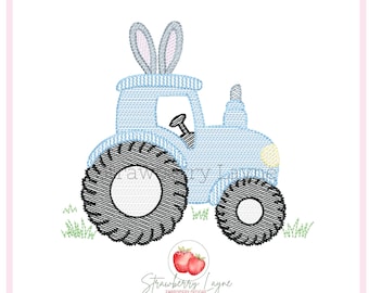 Easter Tractor Embroidery Design – Farm Tractor with Bunny Ears – Sketch Machine Embroidery Digital Download