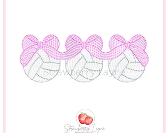 Volleyball Trio with Long Bow Design – Bow Volleyball Sketch – Girls Sports Embroidery File – Digital Download