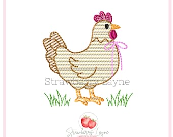 Chicken Mini with Bow Mini Embroidery Design – Farm Hen Sketch – Digital Download