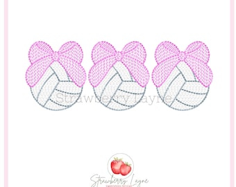 Volleyball Trio Embroidery Design – Bow Volleyball Sketch – Girls Sports Embroidery File – Machine Embroidery Digital Download
