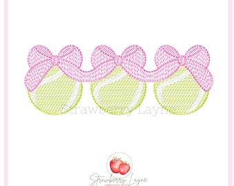 Tennis Ball Trio Embroidery Design – Bow Tennis Sketch – Girls Sports Embroidery File – Machine Embroidery Digital Download