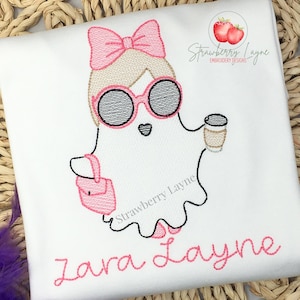 Girly Ghost Embroidery Design – Bow Ghost with Coffee Sketch – Halloween Embroidery File – Machine Embroidery Digital Download