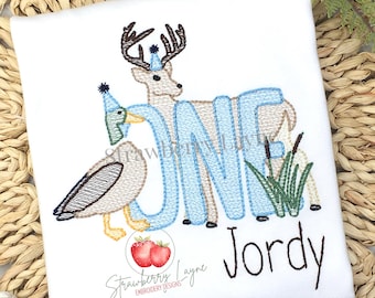 One Lucky Buck Embroidery Design – First Birthday Deer and Duck Sketch – Hunting Theme Embroidery File – Machine Embroidery Download
