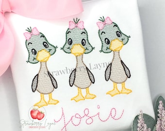 Baby Duck Trio with Bow Embroidery Design – Mallard Sketch – Machine Embroidery Digital Download
