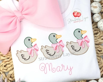Girls Mallard Duck Trio with Bow Embroidery Design – Girls Duck Sketch – Wildlife Embroidery File – Machine Embroidery Digital Download