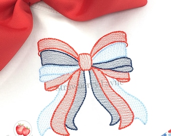 Patriotic Bow Embroidery Design – Fourth of July Sketch – Girly Bow Embroidery File – Machine Embroidery Digital Download