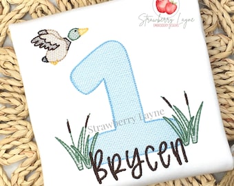 One Lucky Duck Embroidery Design – First Birthday Duck Sketch – Hunting Theme – Machine Embroidery Download