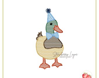 Mini Mallard Birthday Embroidery Design – Party Hat Duck Sketch – Quick Stitch Hunting Theme – Machine Embroidery File