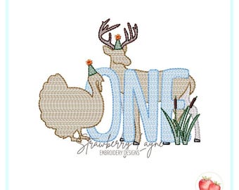 One Lucky Buck Embroidery Design – First Birthday Deer and Duck Sketch – Hunting Theme Embroidery File – Machine Embroidery Download