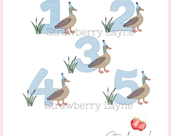 BUNDLE – One Lucky Duck Birthday Numbers 1–5 Embroidery Set – Mallard Sketch Hunting Theme – Machine Embroidery – Quick Stitch Download