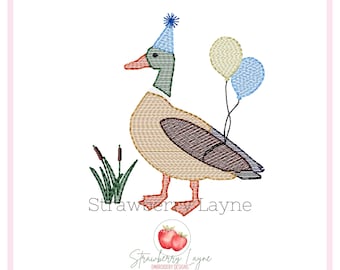 Birthday Mallard Embroidery Design – Party Duck with Balloons Sketch – Quick Stitch Hunting Theme – Machine Embroidery File