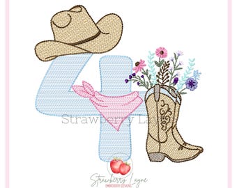Girls Fourth Birthday Rodeo Design – Cowboy Boots with Flowers Sketch – Rodeo Theme – Machine Embroidery Download