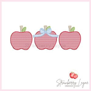 Apple Trio with Bow Sketch Embroidery Design, Back to School Apples Quick Stitch Design, Vintage Apple Embroidery File