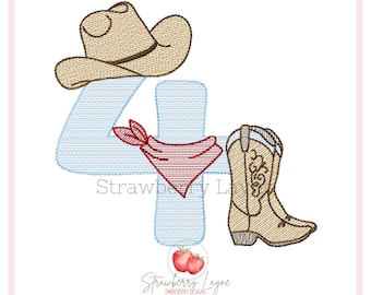 Fourth Birthday Rodeo Design – Cowboy Boots Sketch – Rodeo Theme – Machine Embroidery Download