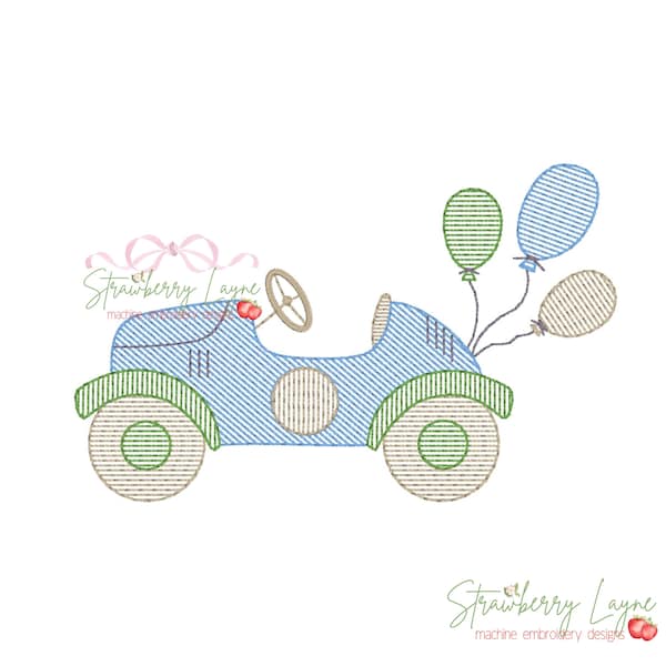 Vintage Race Car with Balloons Sketch Embroidery Design, Sketch Fill Race Car Embroidery File, Birthday Race Car Sketch Embroidery Design