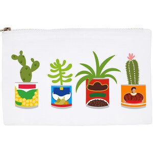 May include: White zippered pouch featuring four potted cacti and succulents in colorful cans. The plants include a green cactus, a green succulent, a plant with long green leaves, and a cactus with a pink flower.