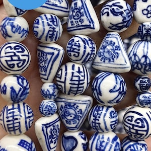 Mixed Large Handmade Ceramic beads ceramic beads Triangle Round ball Pattern Blue Pendant Earrings accessories 15.5" 8-20mm