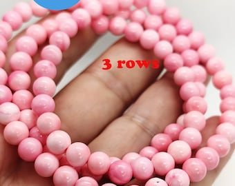 Collar de caracola reina natural de 22", color rosa claro y blanco, con forma de pera, redondo, elástico, hecho a mano, 96 cuentas, 3 filas