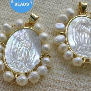Large Dainty Pearl Virgin Mary Necklace, Gold Mary Charm Pendant,  Virgin Mary Pendant, Christian Religious Necklace, Mother of Pearl Charm