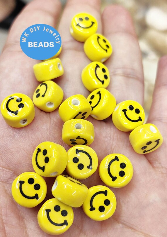 Yellow Gold Ceramic Smiley Face Beads: 10mm Porcelain Spacer Beads