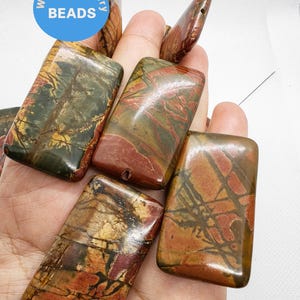 Large Natural Red Creek Jasper Earring Pair 45X25mm Long Rectangle Cabochon Cab Drilled Matched Gemstone Bead Pair Multicolor Picasso Jasper